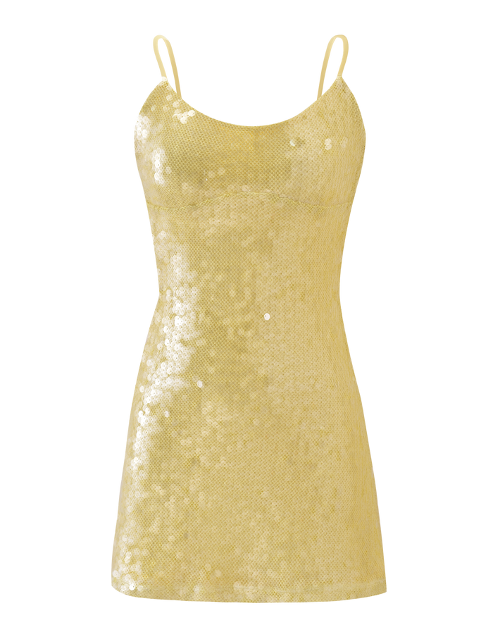 The KIANNA MINI DRESS - YELLOW by TIGERMIST is a sleeveless, gold sequin mini dress with thin spaghetti straps, an adjustable back strap, fitted top, and a slightly flared skirt, shown on a plain white background.