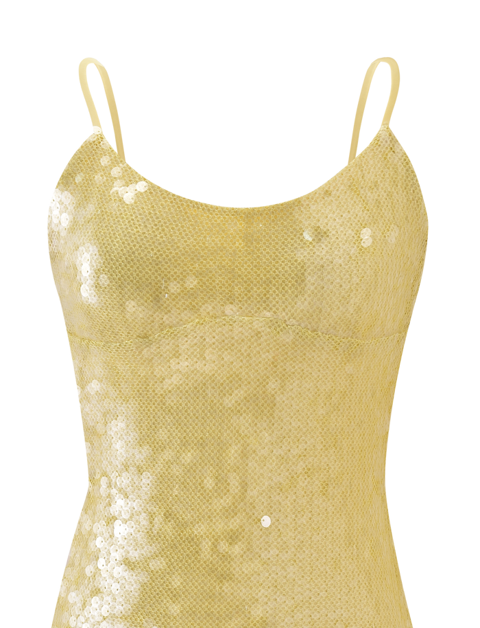 The KIANNA MINI DRESS by TIGERMIST is a butter yellow sequin mini dress with thin shoulder straps and an adjustable back strap, shown against a plain white background.