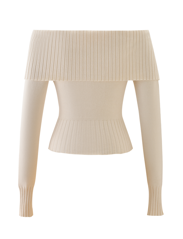 The TIGERMIST KIERA JUMPER in cream is an off-shoulder, ribbed knit sweater with long sleeves and a wide folded neckline, featuring ribbed cuffs and hem. Shown on a plain white background.