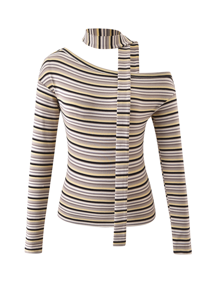 The TIGERMIST KIERSTEN SCARF TOP - MULTISTRIPE is a long-sleeve, yellow and brown striped top featuring an off-shoulder neckline and an attached matching scarf for a chic look.