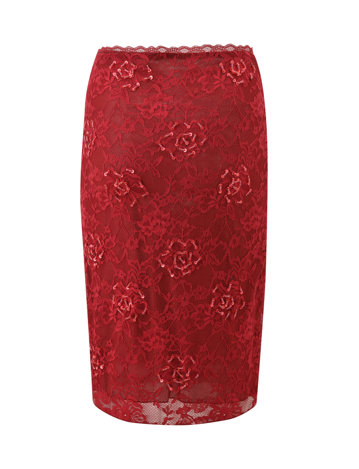 The KIRRA BEADED SEQUIN LACE MIDI SKIRT by TIGERMIST features a fitted silhouette, red floral lace, scalloped waistband trim, and is displayed against a plain white background.