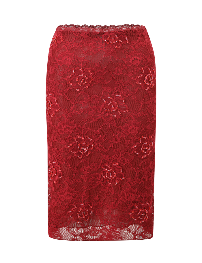 The KIRRA BEADED SEQUIN LACE MIDI SKIRT in red by TIGERMIST, featuring delicate beaded sequin lace and a scalloped waistband, is displayed against a plain white background.
