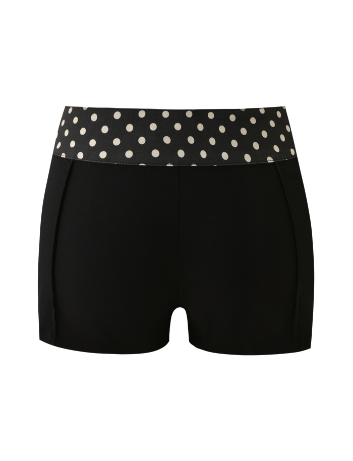 The TIGERMIST KITTIE 2.0 SHORT - BLACK is a black mini short featuring a wide polka dot waistband, made from soft Kittie fabric and shown on a plain white background.
