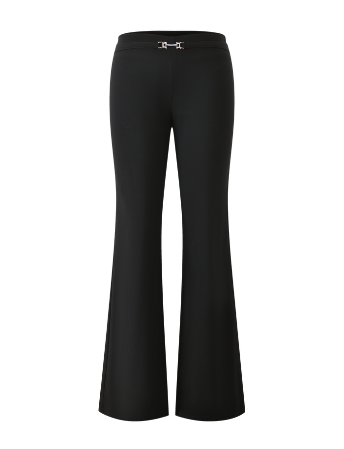 TIGERMIST KITTIE BUCKLE PANT - BLACK: High-waisted, flared leg pants in stretch suiting fabric with a subtle silver buckle at the waistband, shown on a white background.