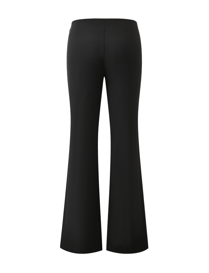 Back view of the KITTIE BUCKLE PANT in black by TIGERMIST, featuring a high waist and flared leg, crafted from stretch suiting fabric and displayed on a plain white background.
