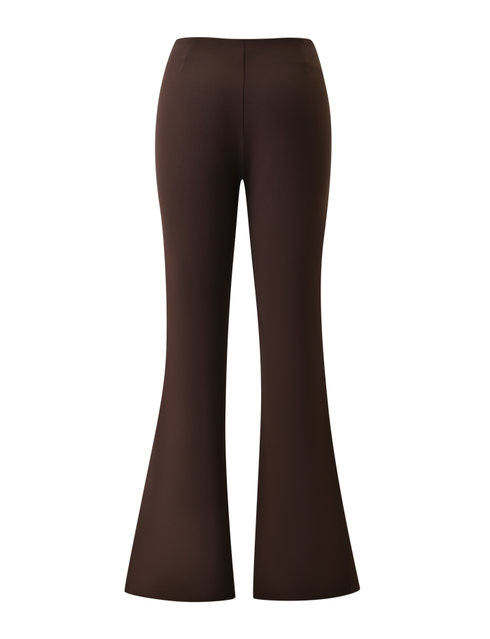 The TIGERMIST KITTIE BUCKLE PANT in chocolate features a high-waisted fit, flared bell-bottom legs, and stretch suiting fabric, shown from the back with a fitted waist and hips against a white background.