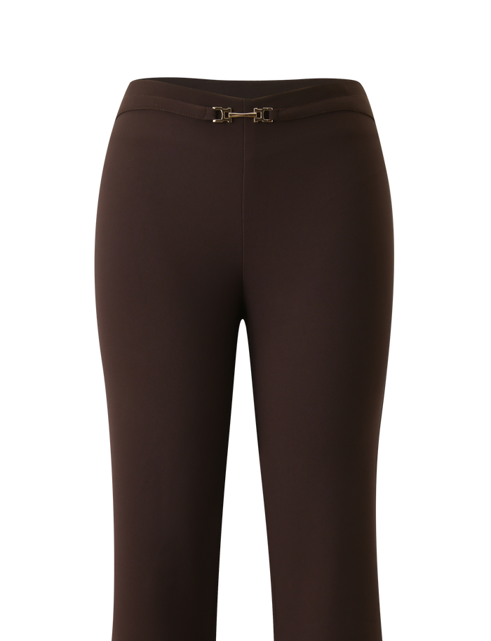 Front view of TIGERMIST's KITTIE BUCKLE PANT - CHOCOLATE, high-waisted stretch suiting pants with a slim fit and gold buckle detail at the waistband, shown against a white background.