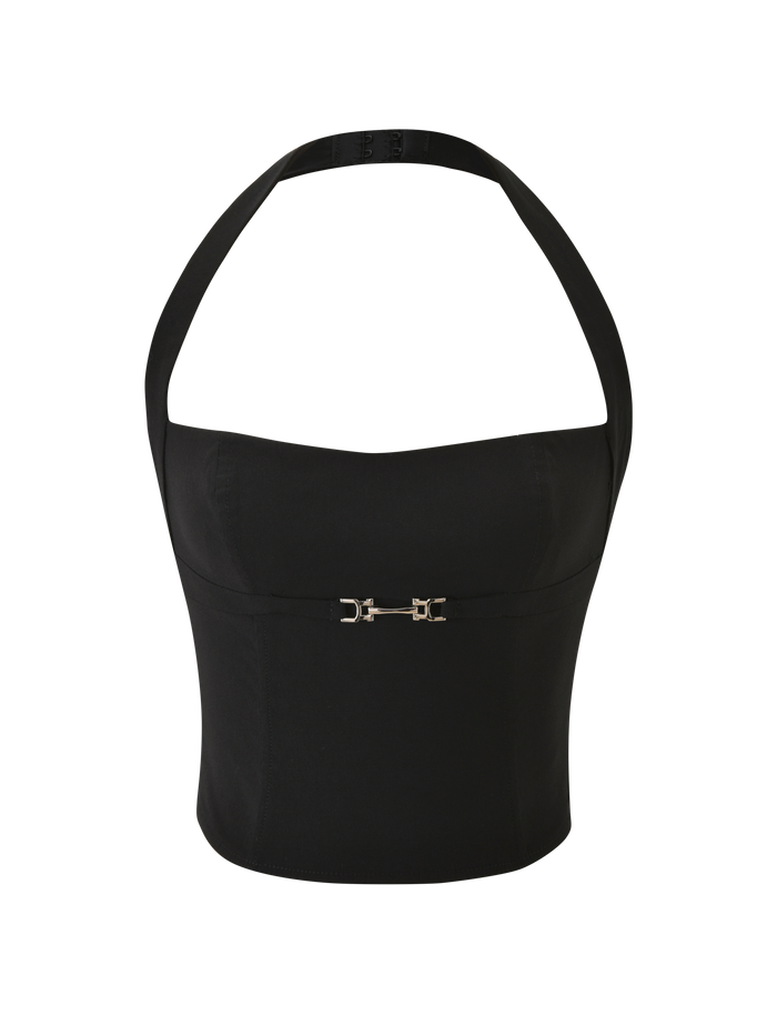 The KITTIE BUCKLE TOP - BLACK by TIGERMIST is a black halter neck crop top with a structured fit, push-up effect, and a small metal buckle detail at the front, shown on a plain white background.