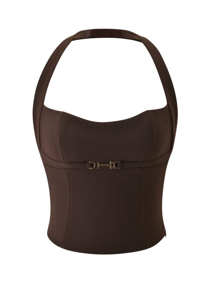 The KITTIE BUCKLE TOP - CHOCOLATE by TIGERMIST is a sleeveless halter corset with a structured fit and small gold front buckle, offering a subtle push-up effect.