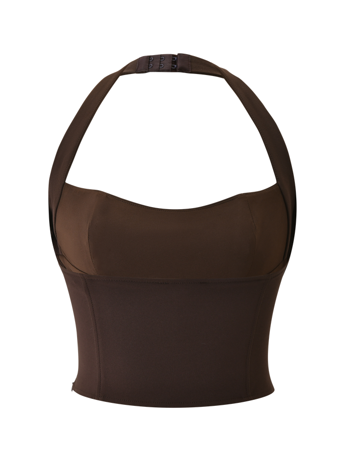 The TIGERMIST KITTIE BUCKLE TOP - CHOCOLATE is a sleeveless, fitted top featuring a halter neck strap and corset-inspired structure with a subtle push-up effect, showcased against a plain white background.