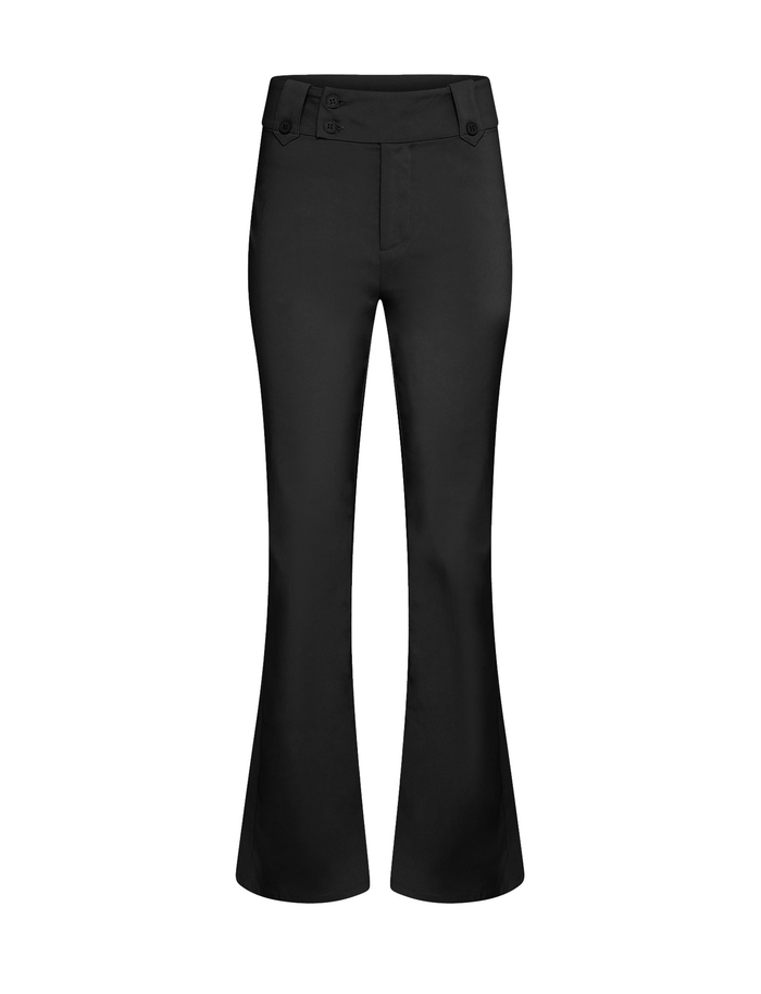The KITTIE HIGH RISE PANT by TIGERMIST features a fitted waist, front button details, and a smooth tailored look. Made from stretch-suiting fabric with a flared leg, these black pants offer both style and comfort.