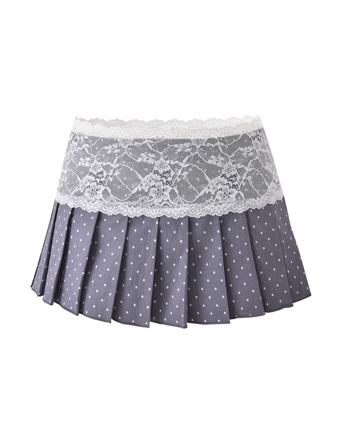 The KITTIE LACE SKORT - GREY DOT by TIGERMIST is a pleated gray mini skort with polka dots and a wide white lace band at the top, made from stretch suiting fabric and shown on a plain white background.