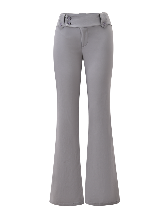 The KITTIE PANT - FROST GREY by TIGERMIST features a high waist, wide waistband, two-button detail, and front zipper, crafted from stretch suiting fabric. Displayed against a plain white background.