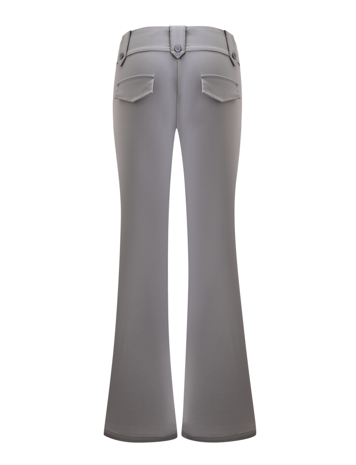 Back view of the TIGERMIST KITTIE PANT - FROST GREY, made from stretch suiting fabric with two buttoned flap pockets and waist belt loops, shown against a plain white background.
