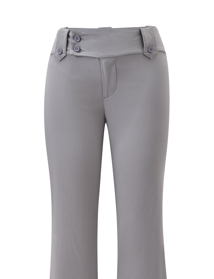 The TIGERMIST KITTIE PANT - FROST GREY is a women's high-waisted, frost grey pant with decorative waistband buttons and a slight flare, made from stretch suiting fabric and shown on a white background.