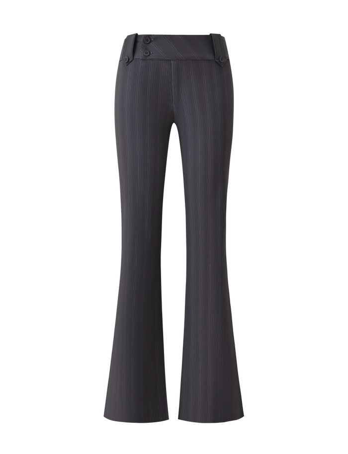 The KITTIE PANT - GREY STRIPE by TIGERMIST features a high-waisted fit, button details at the waistband, stretch suiting fabric, and a flattering pinstriped flare silhouette. Shown on a white background.