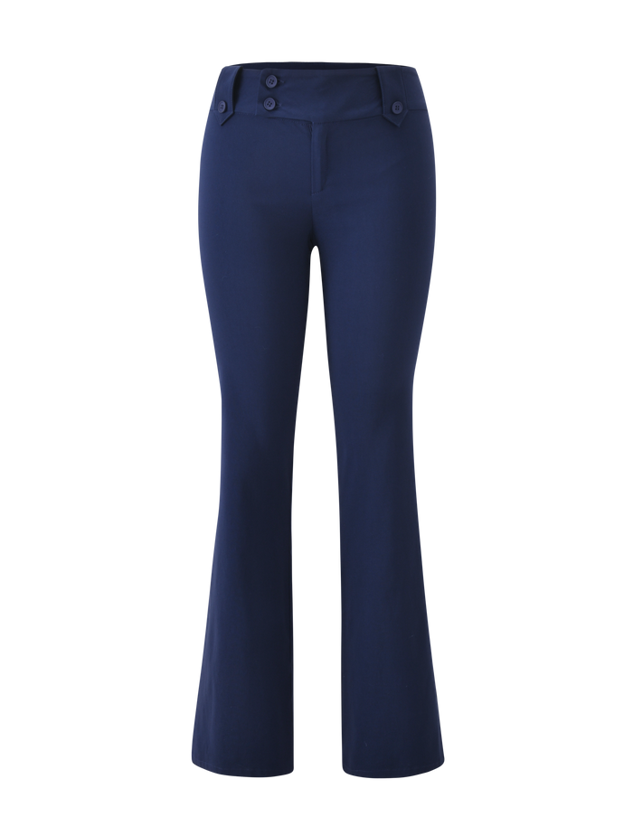 The TIGERMIST KITTIE PANT - NAVY for women, made from stretch suiting fabric, features a high waist, flared leg, two front buttons, and a sleek front seam, showcased on a plain white background.