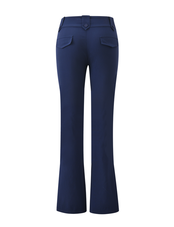 Back view of the TIGERMIST KITTIE PANT - NAVY, a high-waisted, flared style with belt loops and two buttoned flap pockets. Made from stretch suiting fabric and shown against a plain white background.