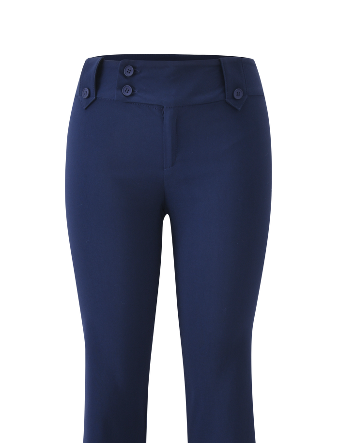The KITTIE PANT - NAVY by TIGERMIST is a women's pant made from stretch suiting fabric, featuring a high waistband, two side buttoned tabs, and a front zipper closure, shown on a white background.