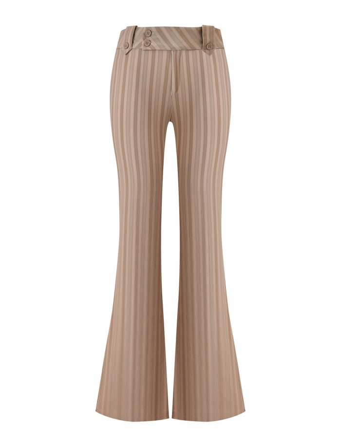 The KITTIE PANT - TAUPE STRIPE by TIGERMIST features beige high-waisted flared pants with taupe stripes, a wide waistband, and two decorative buttons, crafted from stretch suiting fabric and shown on a white background.