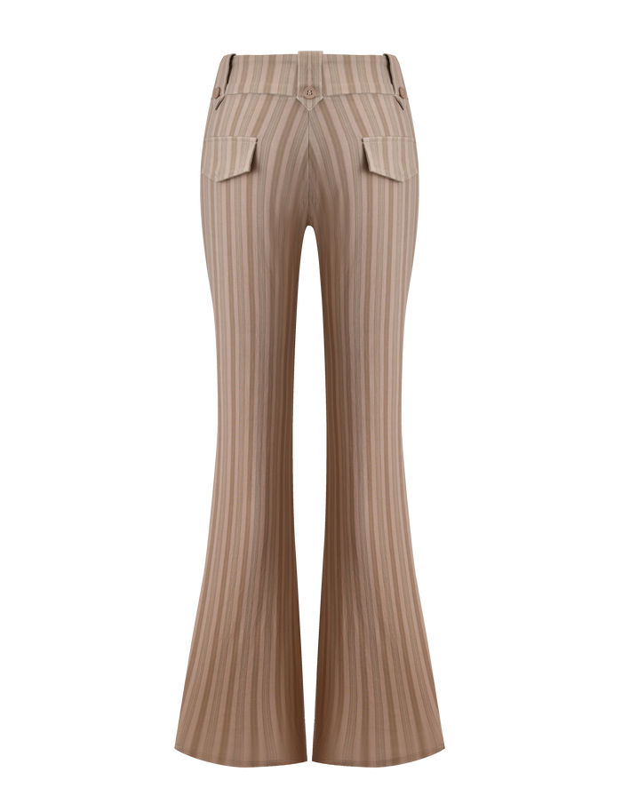 The KITTIE PANT - TAUPE STRIPE by TIGERMIST features a tan, high-waisted, flared silhouette in stretch suiting fabric with vertical stripes, back button closure, and two flap pockets, shown on a white background.