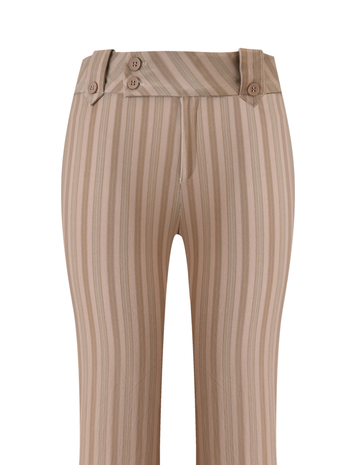 The TIGERMIST KITTIE PANT - TAUPE STRIPE features a high-waisted silhouette in beige stretch suiting with taupe stripes and a wide waistband detailed with three front buttons.