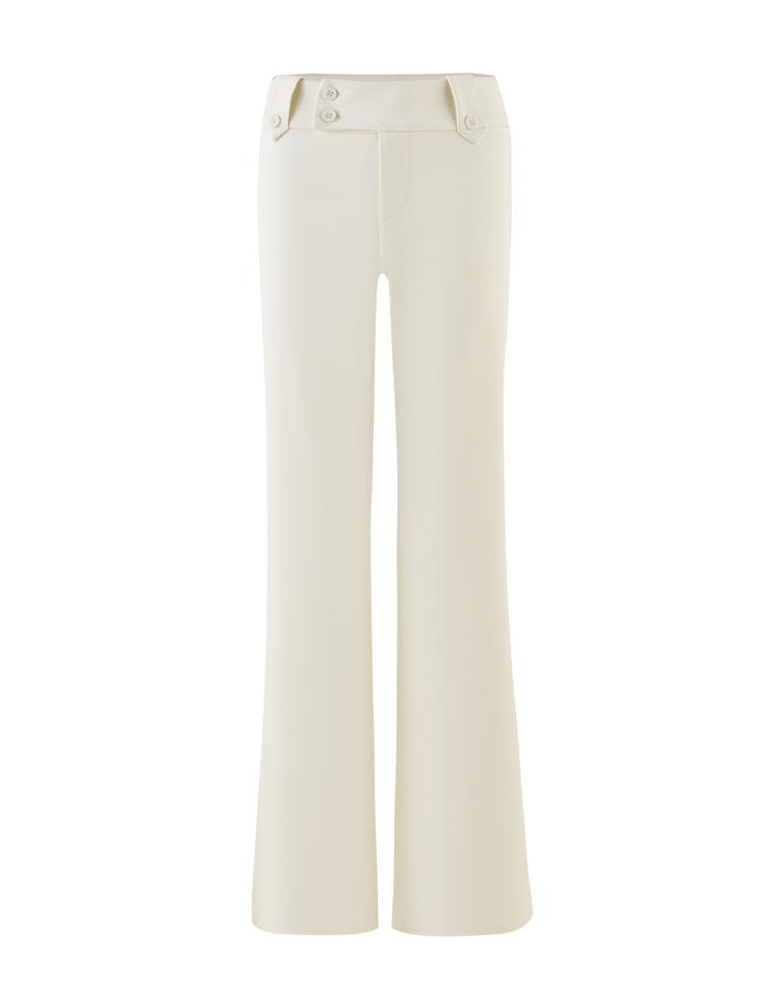 The TIGERMIST KITTIE PANT - WHITE : CREAM features a high waist, flare fit, wide legs, front seam details, and decorative waistband buttons.