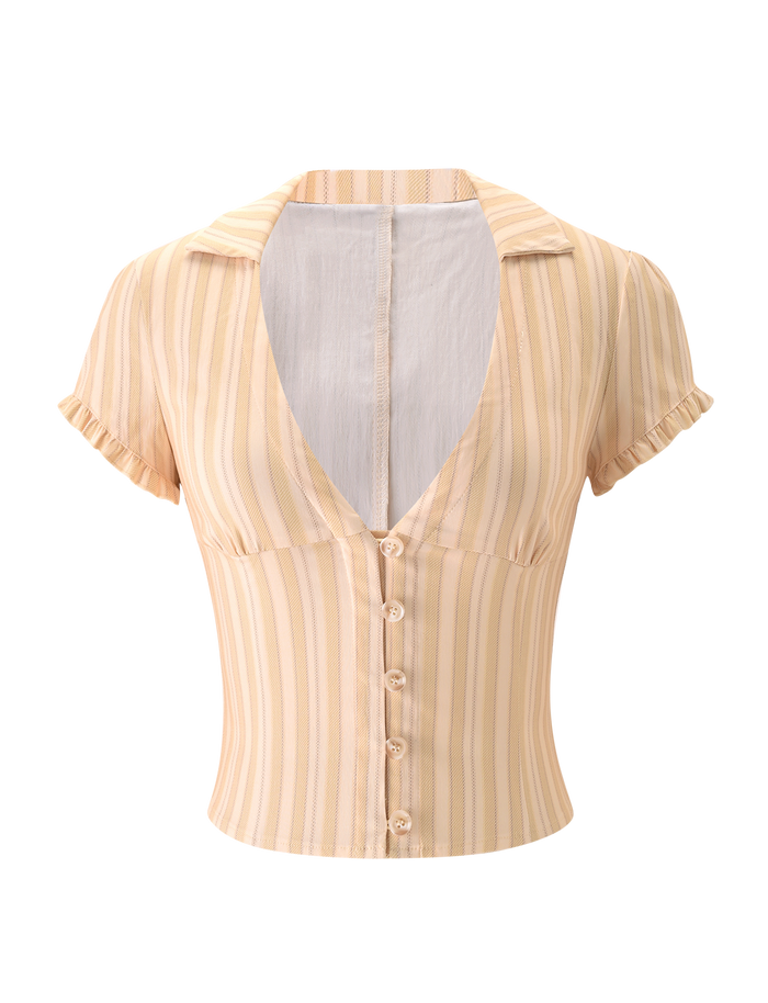 The KITTIE SHIRT - YELLOW STRIPE by TIGERMIST is a short-sleeved blouse with vertical yellow stripes, a fitted waist, small collar, deep V-neckline, ruffled edges, and front buttons for a stylish, chic look.