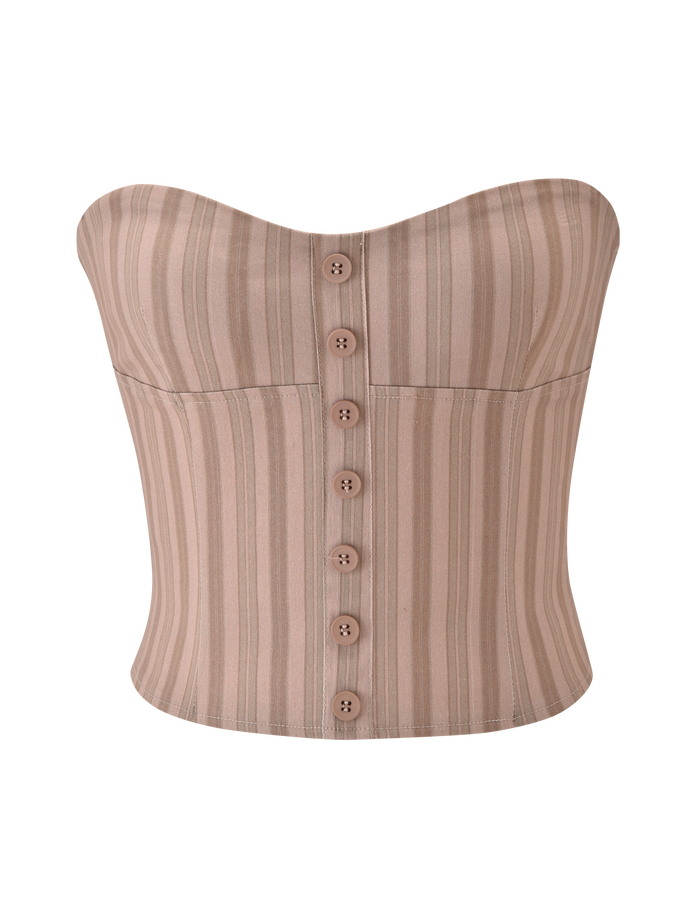 The TIGERMIST KITTIE STRAPLESS CORSET - TAUPE STRIPE is a neutral, striped stretch suiting top with front matching buttons, shown on a plain white background.