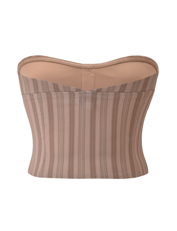 The KITTIE STRAPLESS CORSET - TAUPE STRIPE by TIGERMIST is a neutral strapless top with vertical sheer and opaque stripes, a sweetheart neckline, and a structured bodice, shown against a white background.