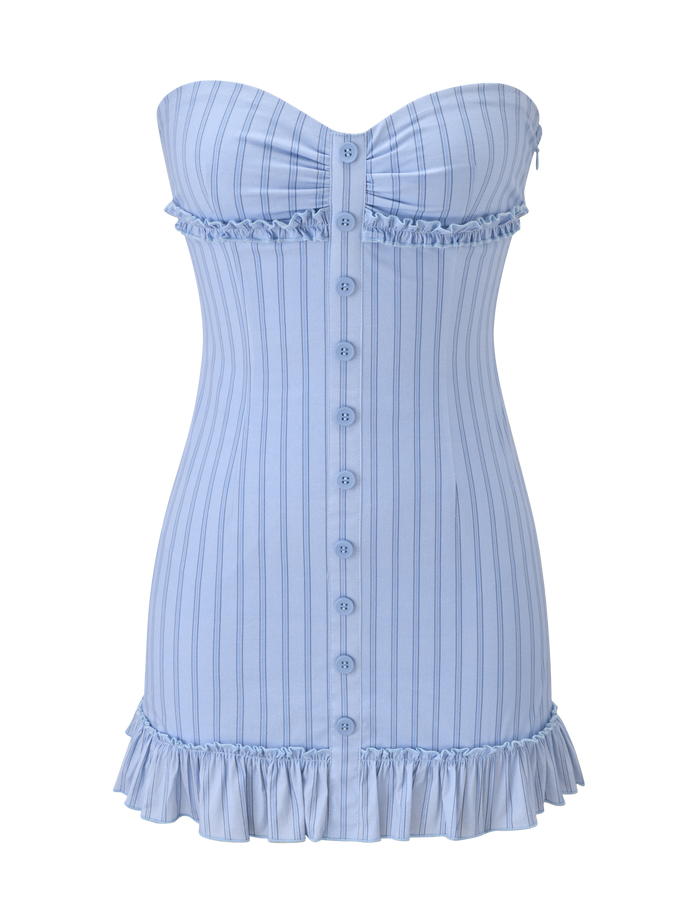 The TIGERMIST KITTIE STRAPLESS DRESS - BLUE STRIPE is a light blue mini dress with vertical pinstripes, a button-down front, ruffled trim at the top and hem, and a fitted strapless silhouette.