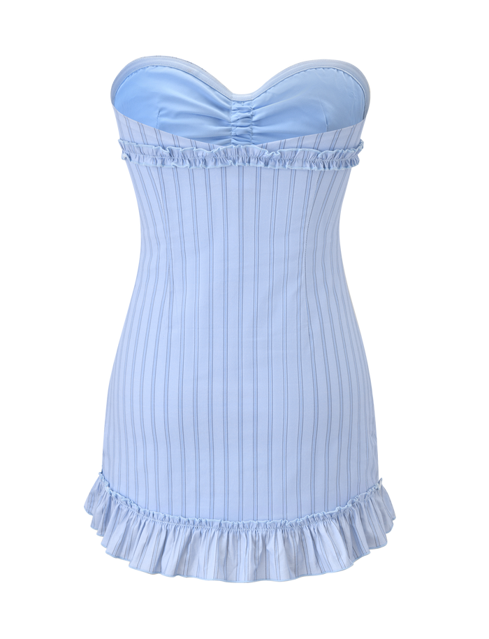 The KITTIE STRAPLESS DRESS - BLUE STRIPE by TIGERMIST is a strapless mini dress featuring vertical blue pinstripes, ruched bust, ruffled hem and neckline, and a flattering sweetheart neckline for a fitted silhouette.