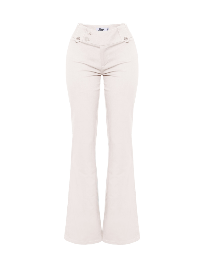The TIGERMIST KITTIE TWILL PANT in white features a high-waisted fit, flared leg, and front button details at the waist, shown from the front against a white background.
