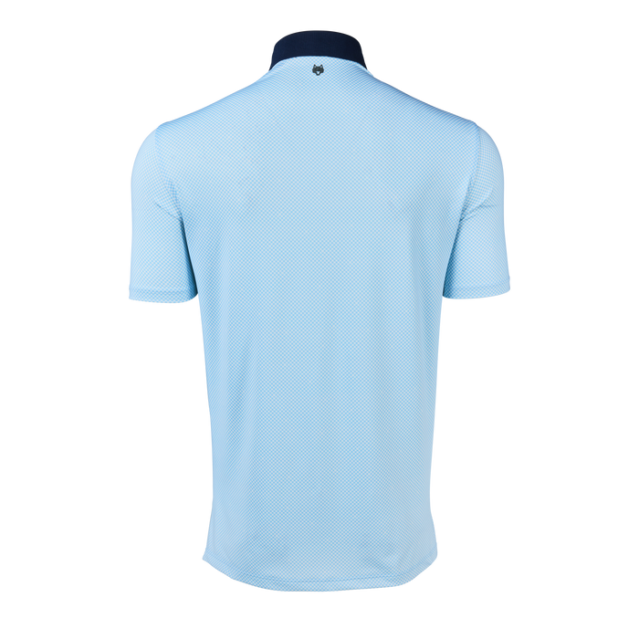 Wolf Blue Knight Wolf Performance Polo - Back View, Wolf Logo Detail | Greyson Clothiers