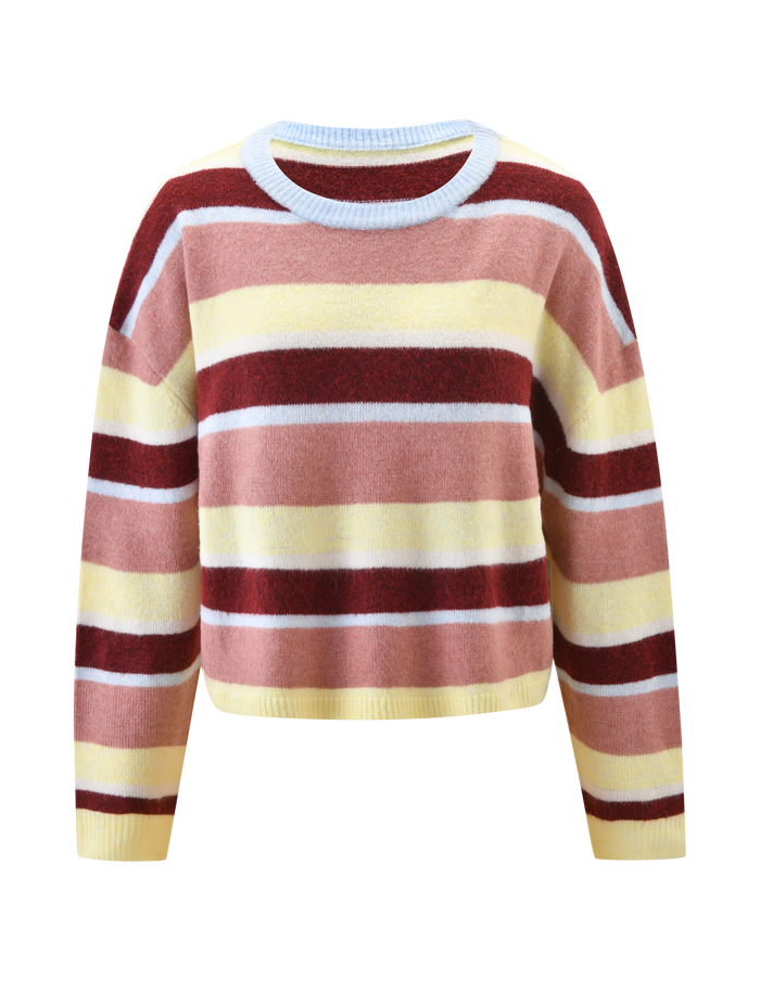 The TIGERMIST KOA 2.0 STRIPED JUMPER - TAN STRIPE is a long-sleeved, crew-neck sweater featuring horizontal stripes in pink, burgundy, yellow, and white on a plain white background.