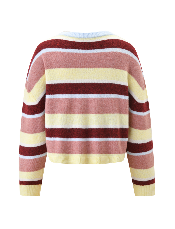 The image shows the back of the TIGERMIST KOA 2.0 STRIPED JUMPER - TAN STRIPE, a cropped knit sweater with long sleeves and pink, burgundy, white, and yellow stripes, set against a plain white background.