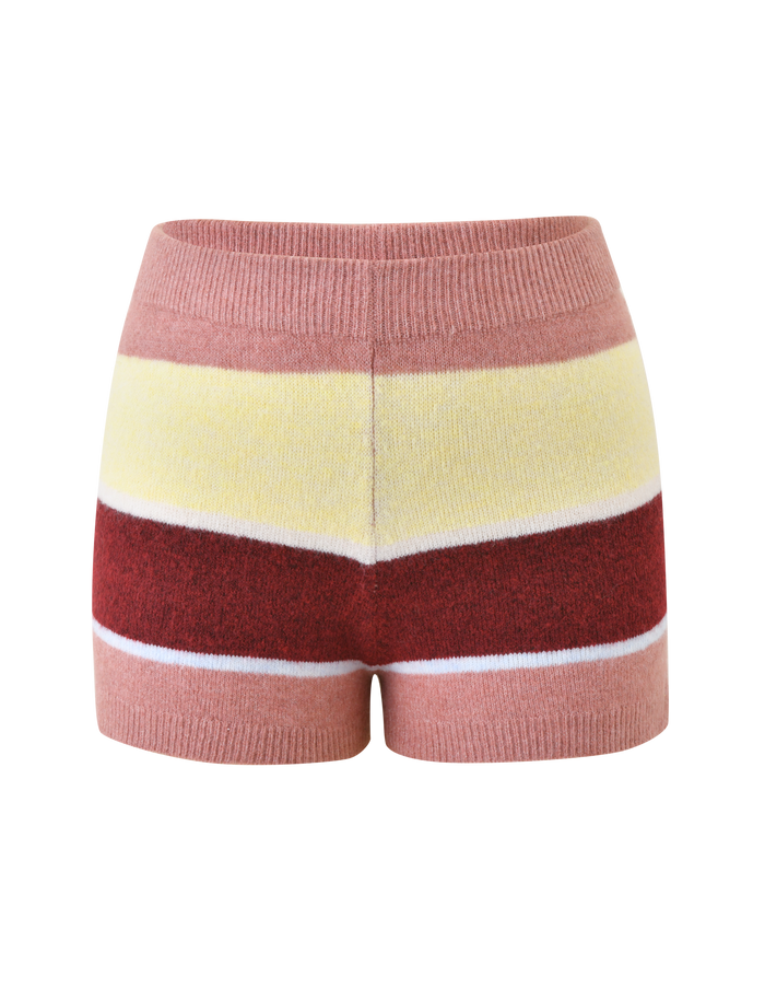 The TIGERMIST KOA 2.0 STRIPED SHORT - TAN STRIPE is a stripe knit mini short featuring multicolour stripes in pink, yellow, red, and white with a ribbed waistband and hem. The background is plain white.