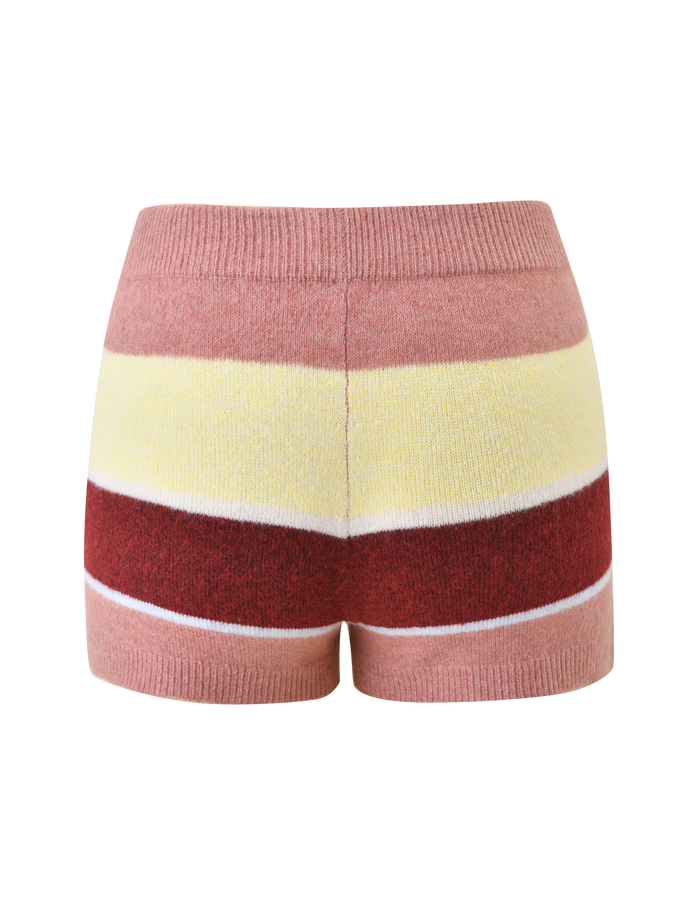 The TIGERMIST KOA 2.0 STRIPED SHORT - TAN STRIPE features a multicolour stripe design in pink, yellow, red, and white. These knit mini shorts are shown against a plain white background.