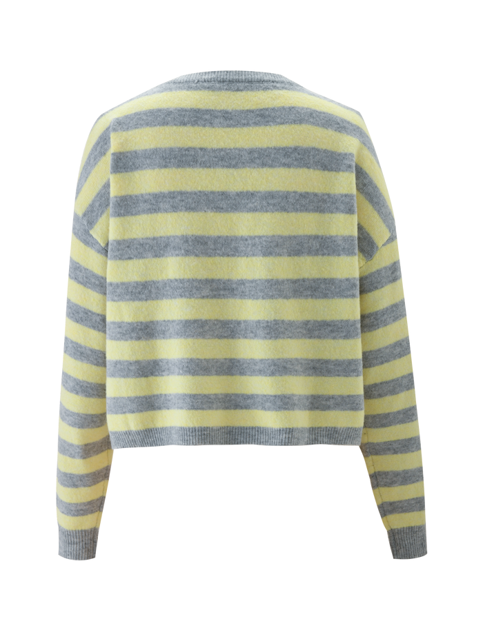 Back view of the TIGERMIST KOA Jumper, featuring yellow and grey horizontal stripes, a relaxed oversized fit, and ribbed cuffs and hem.