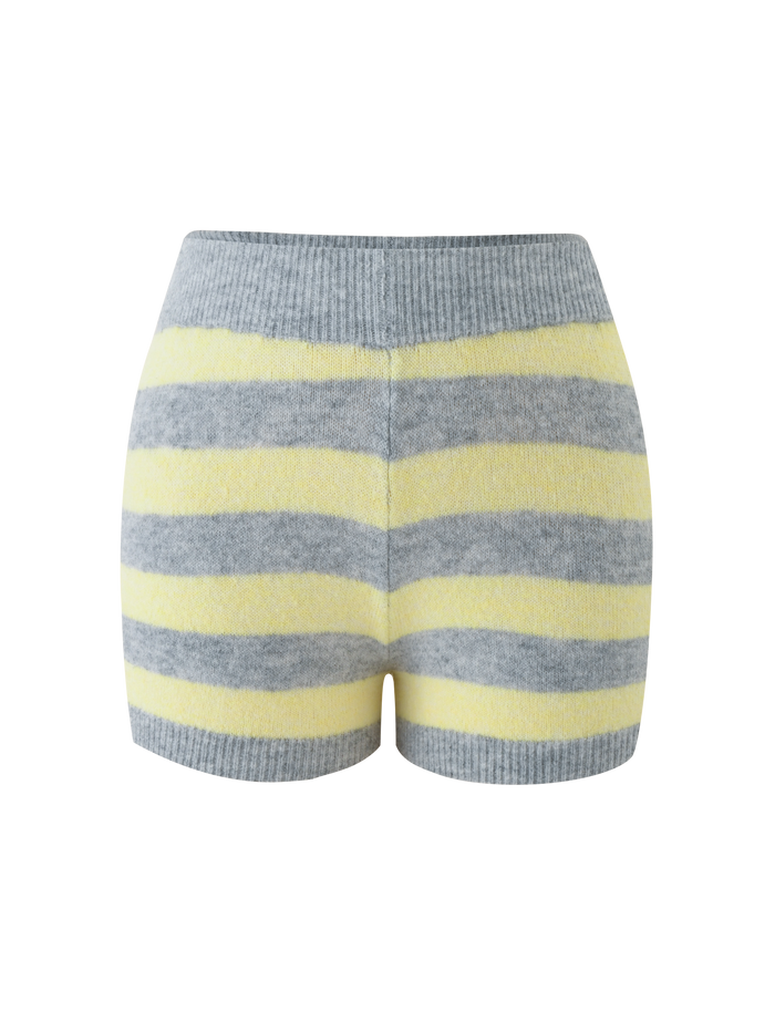 The KOA SHORT by TIGERMIST features a super soft knit, high waist, and wide yellow and grey stripes. Cozy texture with ribbed waist and leg openings for extra comfort.