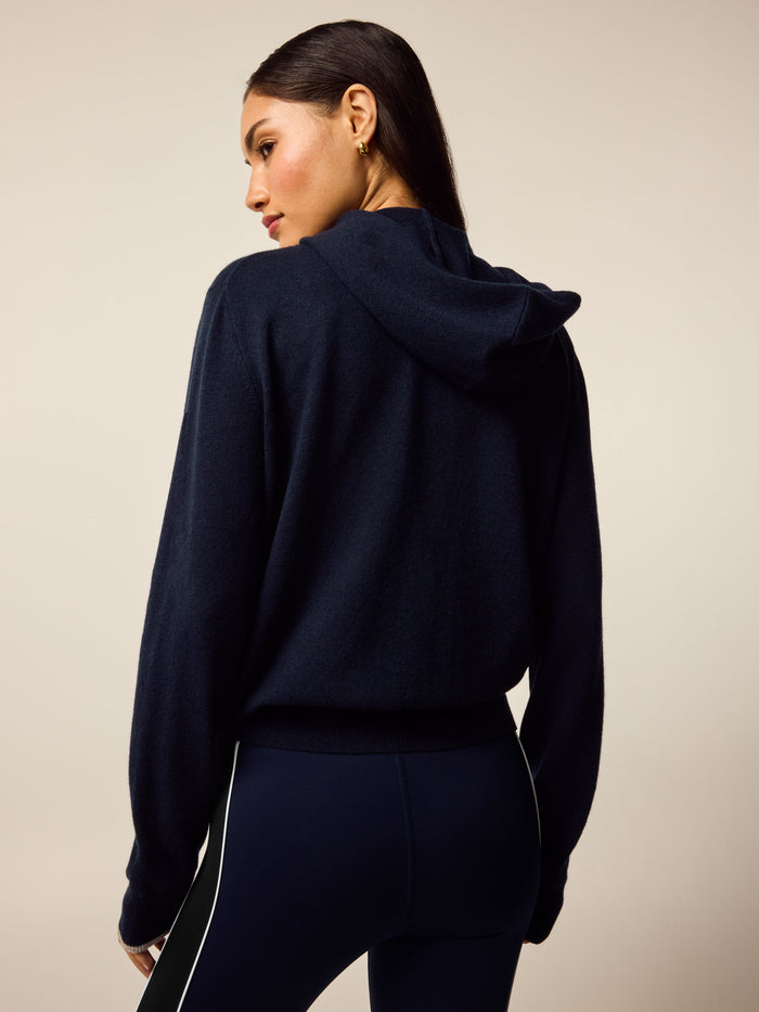 Maltese Blue Cashmere Women's Koko Full-Zip Hoodie - Back View with Hood Detail | Greyson Clothiers