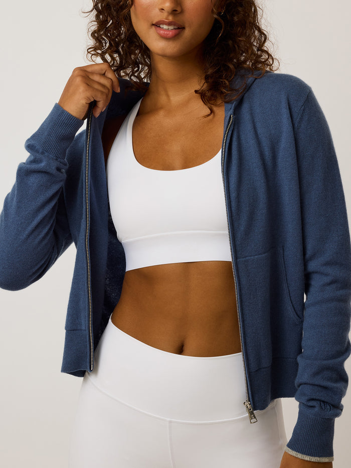 Greyson Clothiers Koko Full-Zip Hoodie in Vintage Indigo - Open Front Detail On Model | Greyson Clothiers