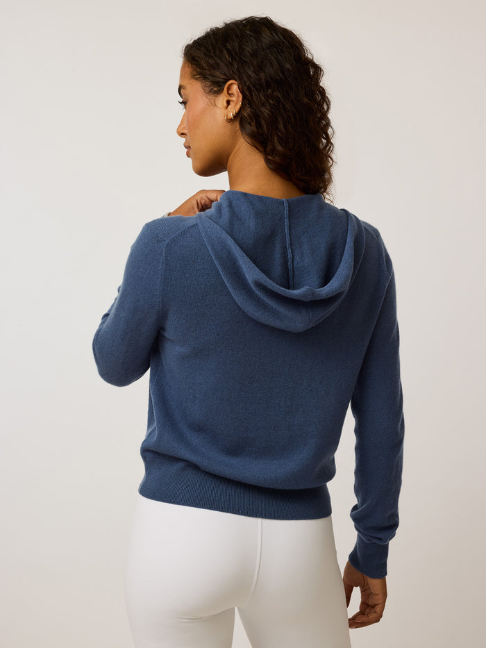 Greyson Clothiers Koko Full-Zip Hoodie in Vintage Indigo - Back View Cashmere Hood | Greyson Clothiers