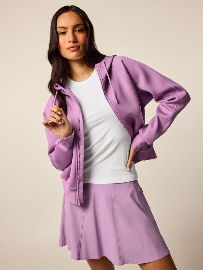 Wisteria Kristina Full-Zip Hoodie Cropped Scuba Knit - On Model Front View | Greyson Clothiers