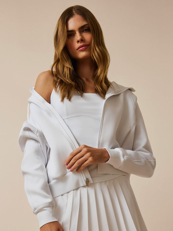 Arctic Kristina Full-Zip Hoodie Cropped - On Model Off-Shoulder Front Detail | Greyson Clothiers