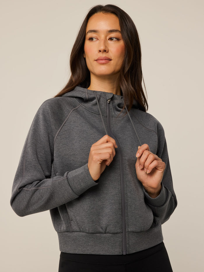 Smoke Heather Kristina Melange Full-Zip Hoodie - On Model Front View, Cropped Fit | Greyson Clothiers