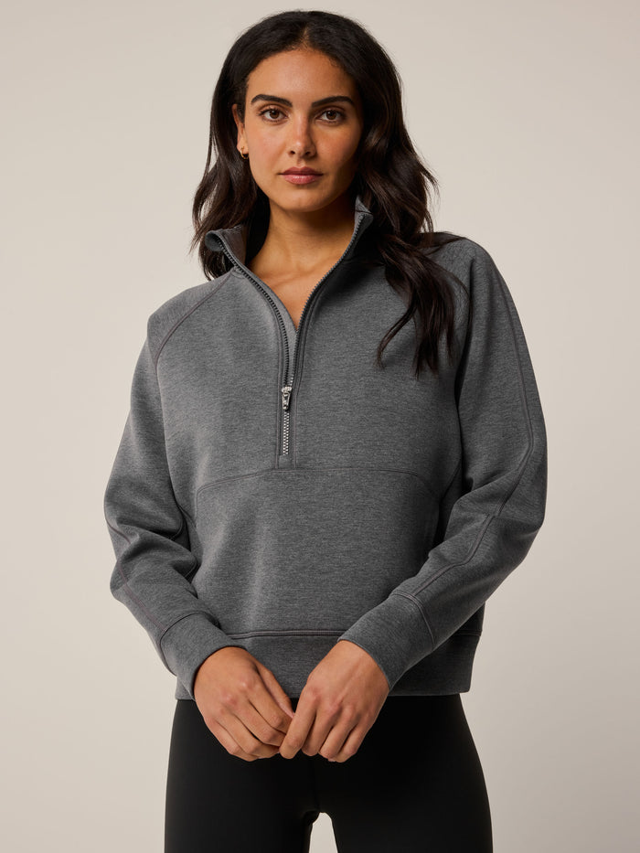 Smoke Heather Kristina Melange Half-Zip Sweatshirt - Front View On Model, Cropped Waist | Greyson Clothiers