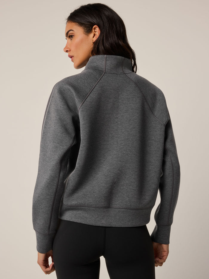 Smoke Heather Kristina Melange Half-Zip Sweatshirt - Back View, Raglan Seam & Ribbed Hem Detail | Greyson Clothiers