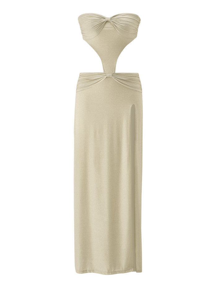The TIGERMIST KYNLEE 2.0 MAXI DRESS in gold is strapless with a ruched bust, sweetheart neckline, cut-out midsection, gathered waist, and a thigh-high side slit.