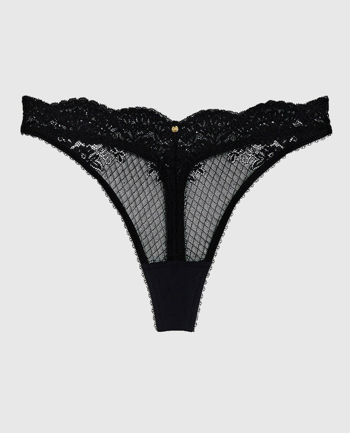 Lace High Leg Thong Panty in Smoulder Black